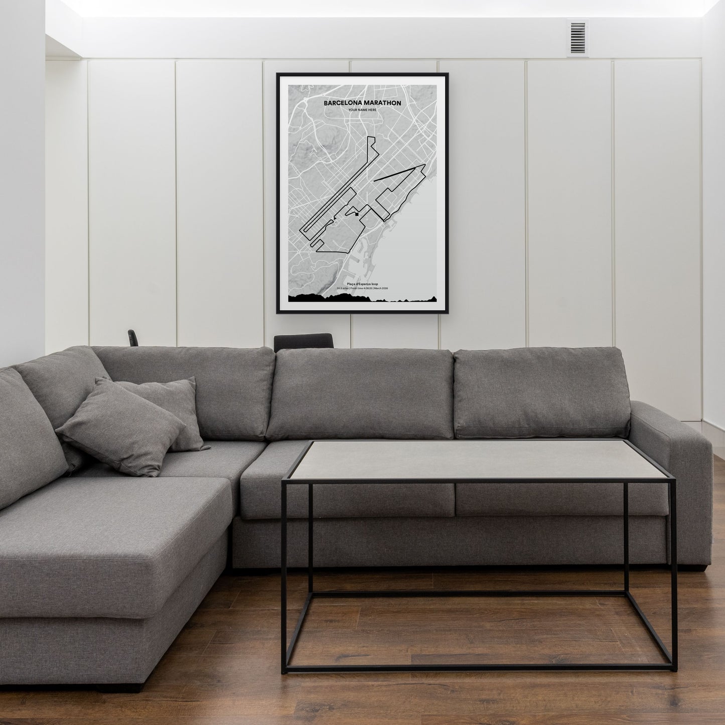 Barcelona Marathon map print framed in a room