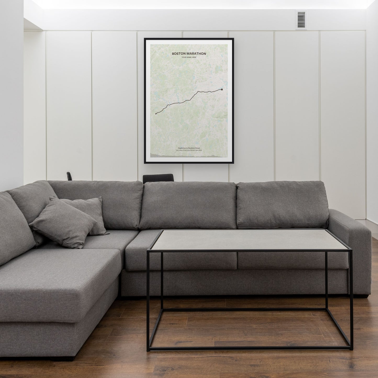 Boston Marathon map print framed in a room
