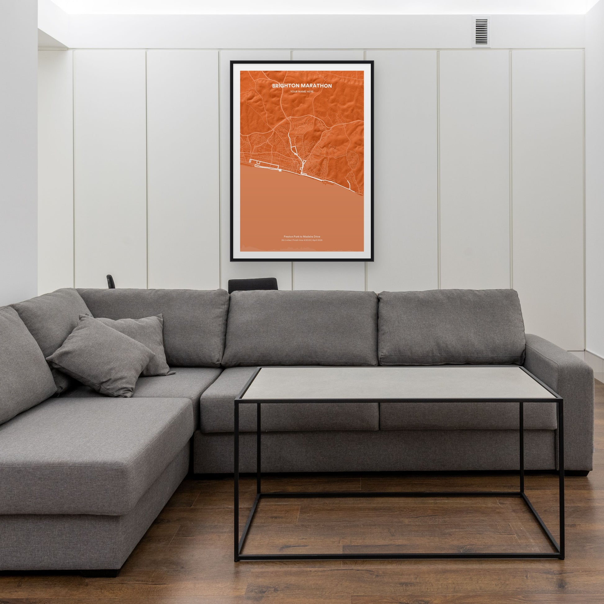 Brighton Marathon map print framed in a room