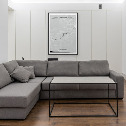California International Marathon map print framed in a room