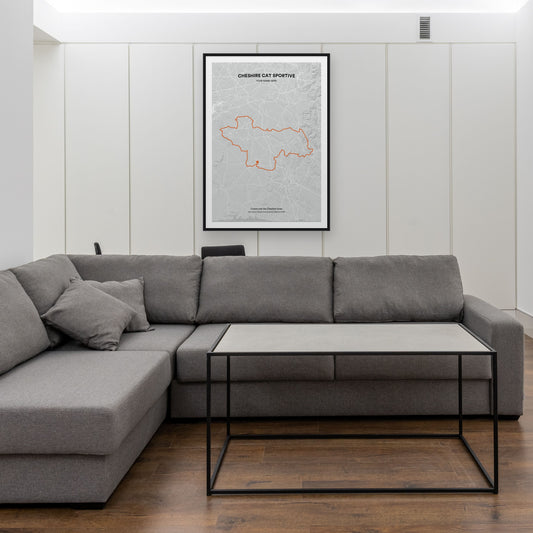 Cheshire Cat Sportive map print framed in a room