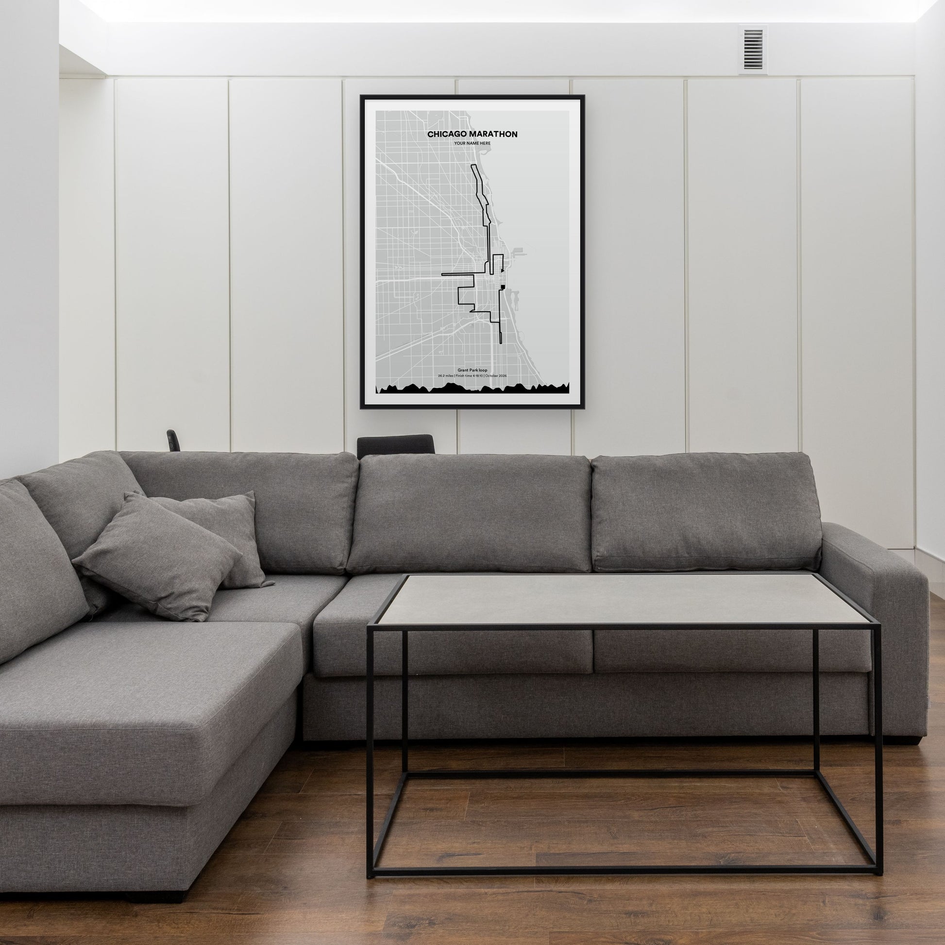 Chicago Marathon map print framed in a room