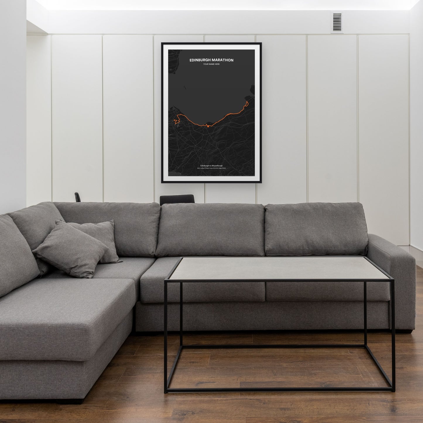 Edinburgh Marathon map print framed in a room