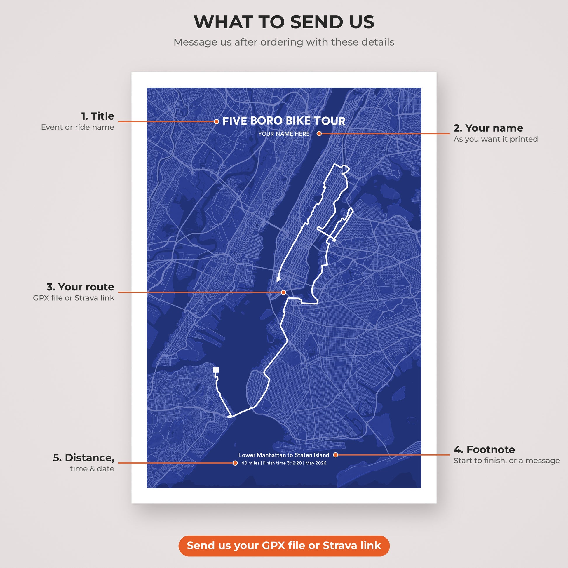 Five Boro Bike Tour map print personalisation explained
