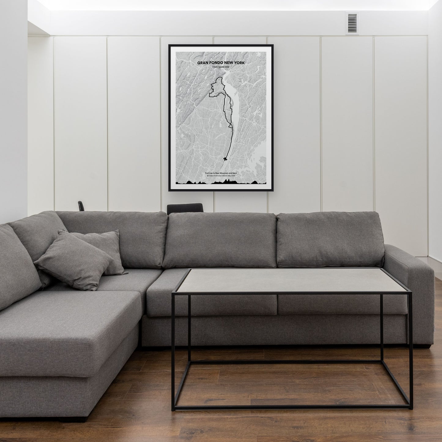 Gran Fondo New York map print framed in a room