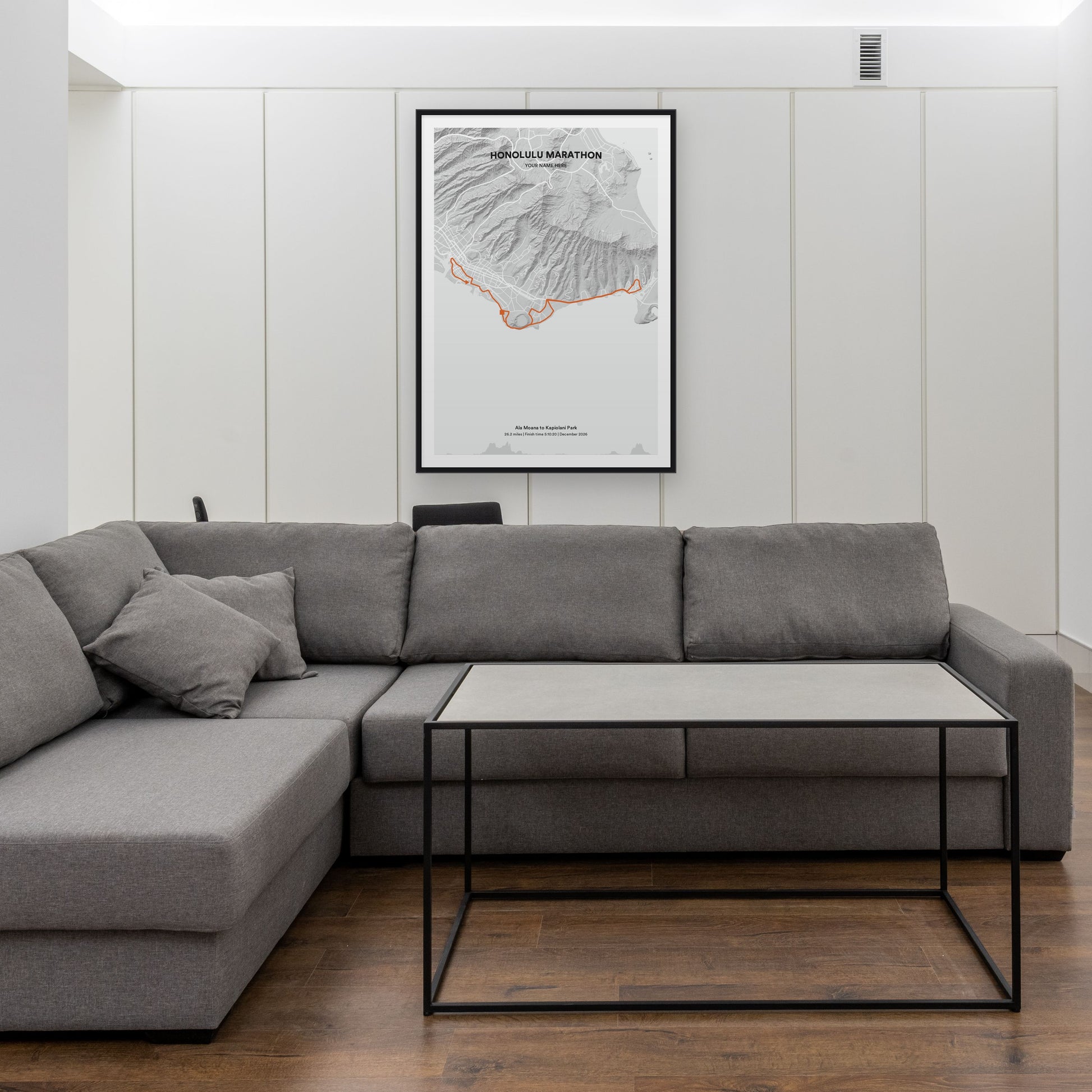 Honolulu Marathon map print framed in a room