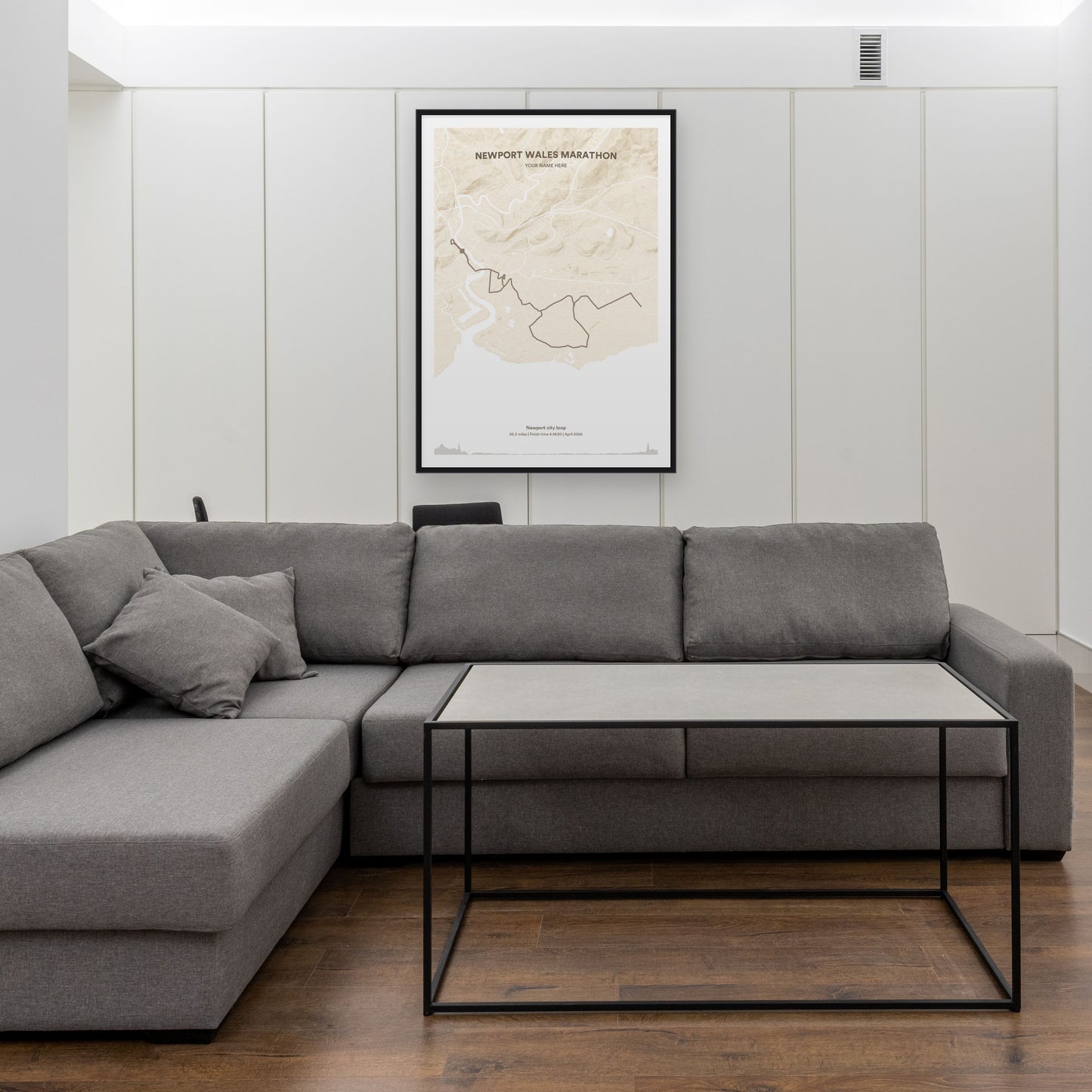 Newport Wales Marathon map print framed in a room