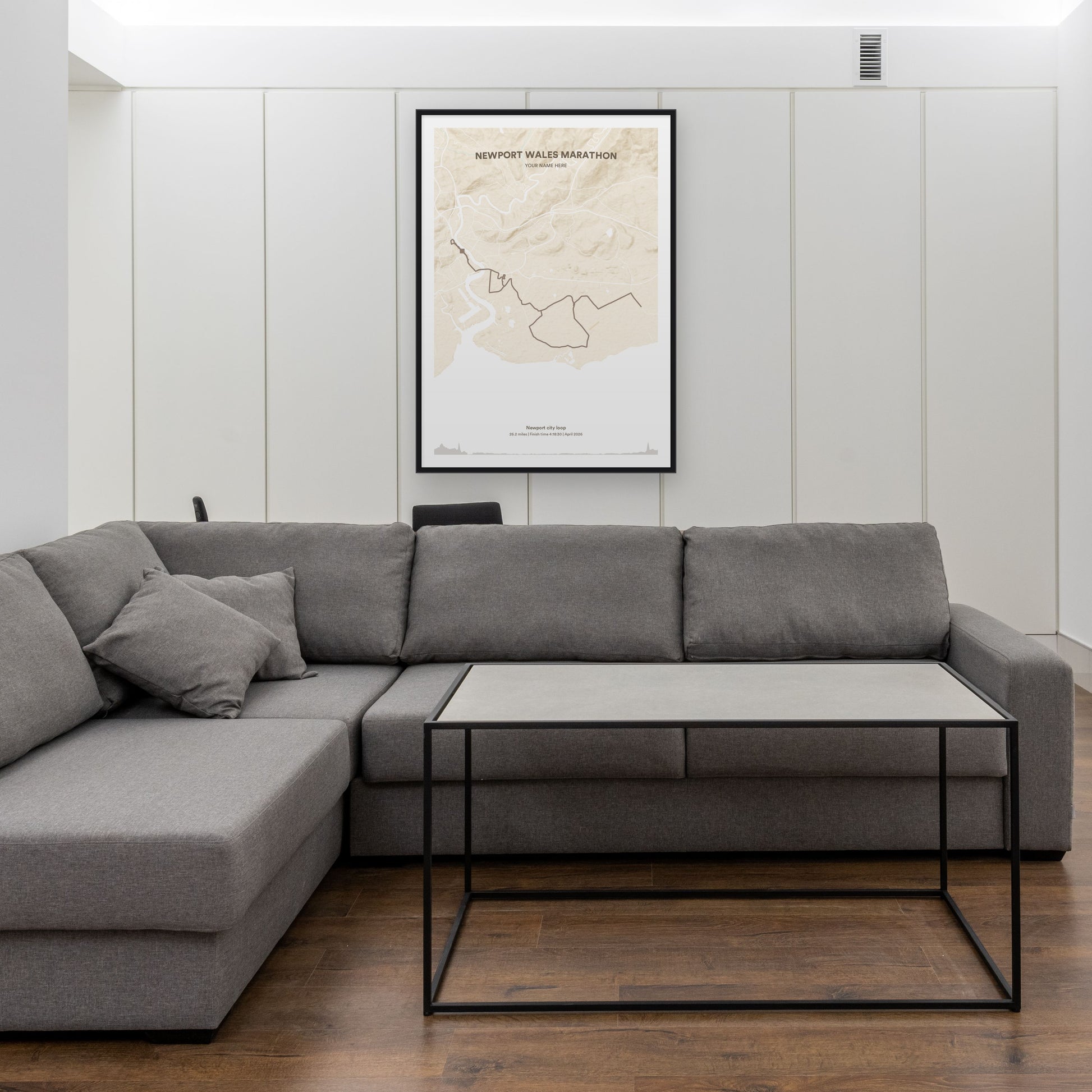 Newport Wales Marathon map print framed in a room