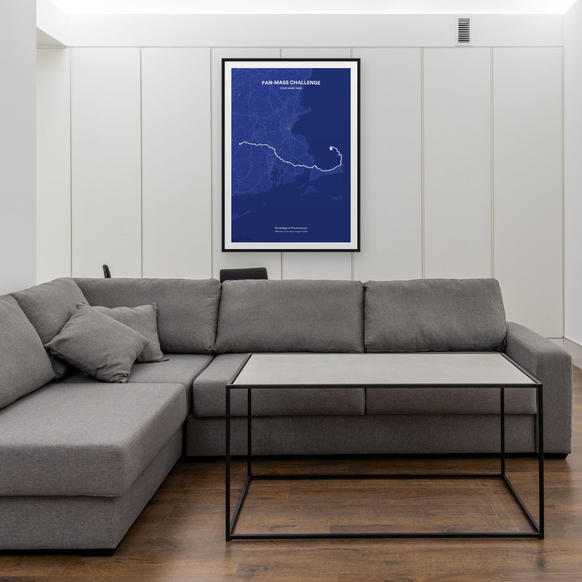 Pan-Mass Challenge map print framed in a room
