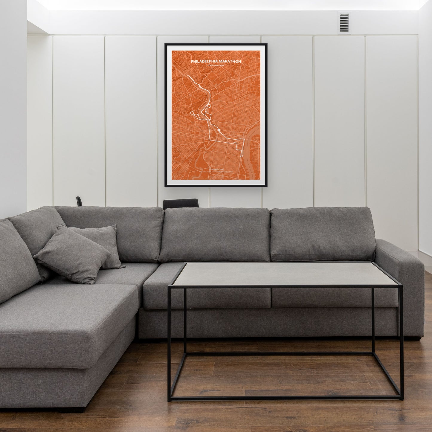 Philadelphia Marathon map print framed in a room