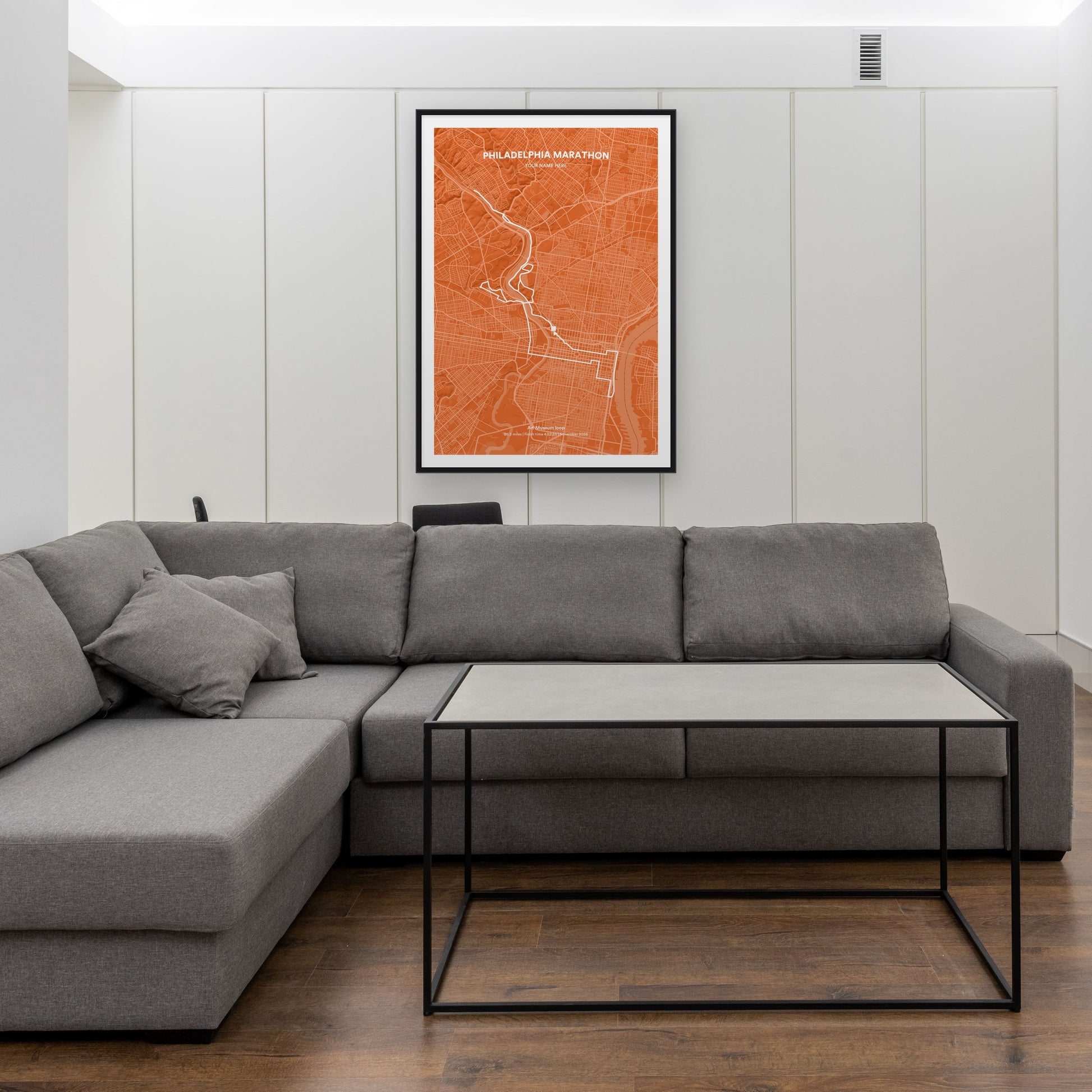 Philadelphia Marathon map print framed in a room