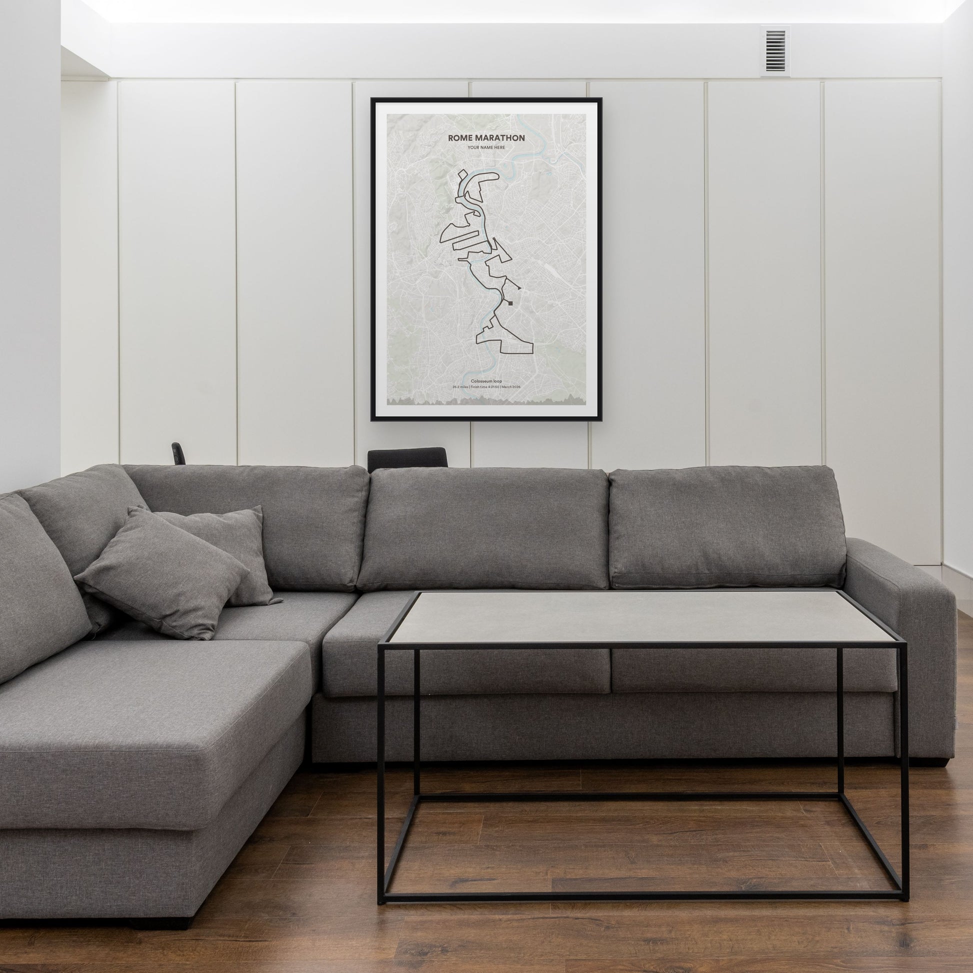 Rome Marathon map print framed in a room