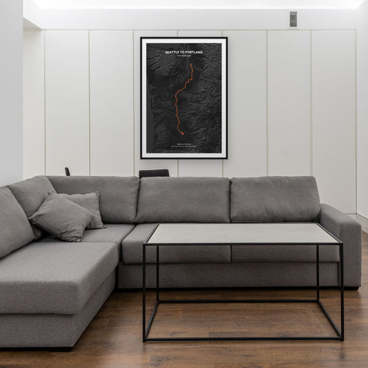 Seattle to Portland map print framed in a room